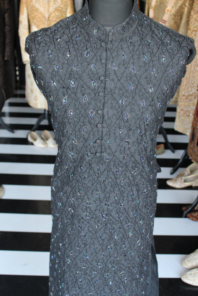 Black Kurta Sherwani with Full Frontal Thread-Work Embroidery detail