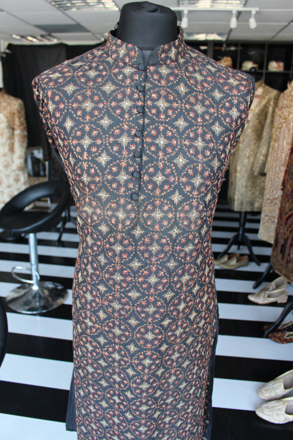 Black Kurta Sherwani with Red and Gold frontal Threadwork