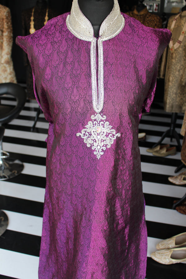 Purple Brocade Salwar Kameez with Gemstone Embellished Collar and Chest