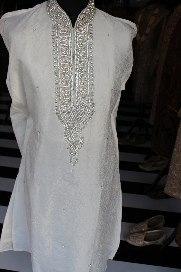 White Brocade Eid Salwar Kameez with Gemstone Paisley Details