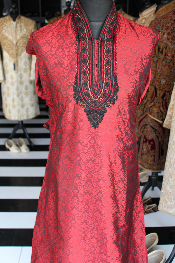 Red Brocade Kurta Sherwani with Collar and Chest Embroidery