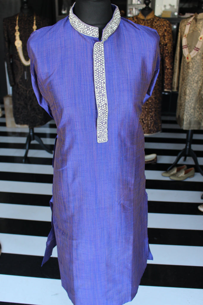 Blue Silk Salwar Kameez Sherwani with Collar and Chest Embellishment