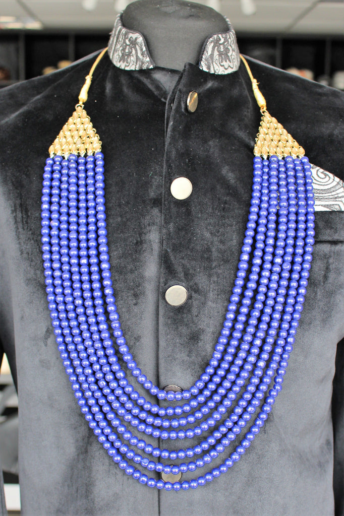 Mens Blue and Gold Pearl Haar Necklace Mala