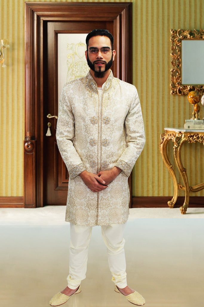 White & Gold Sherwani with Arm and Chest Detail