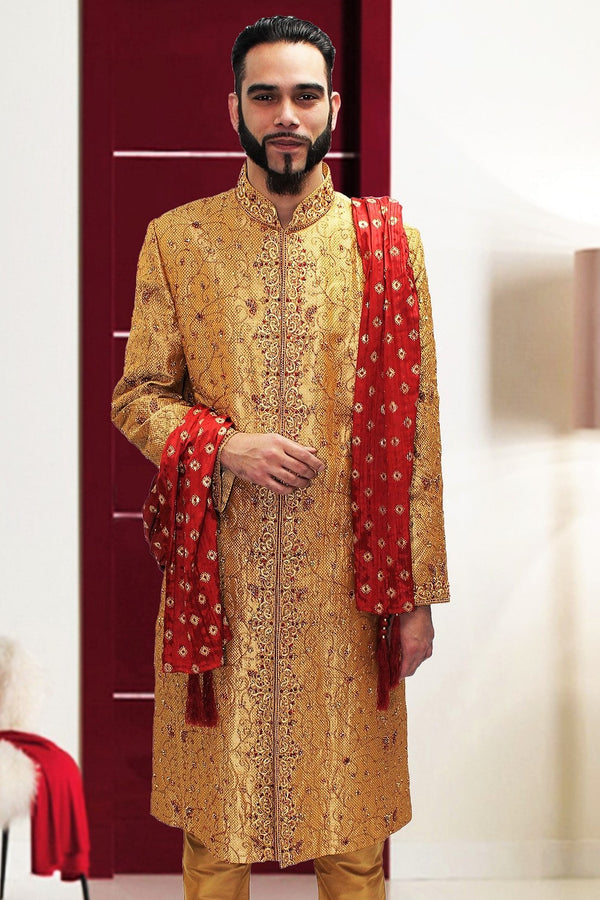 Orange Embroidered Sherwani