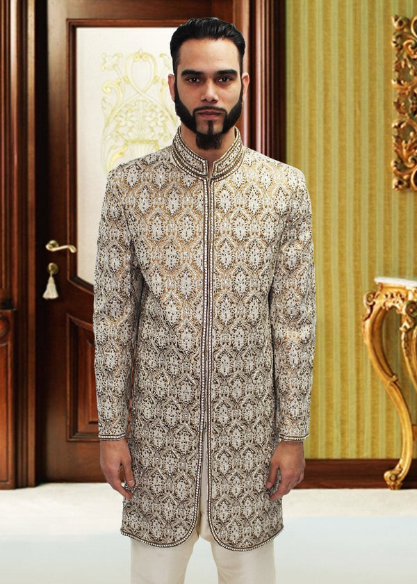 White & Bronze Sherwani with Swarovski Detail