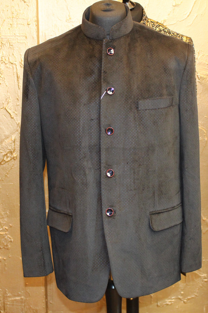 Black Velvet Jodhpuri Jacket with Perforated Blue Fabric