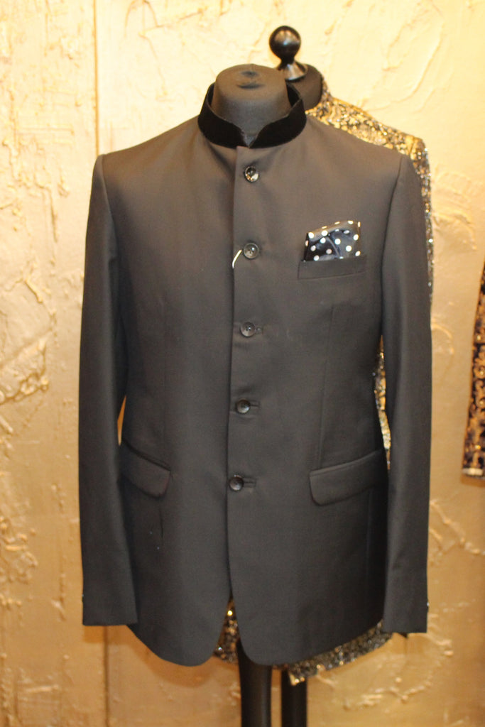 Plain Black Jodhpuri Jacket with Pocket handkerchief