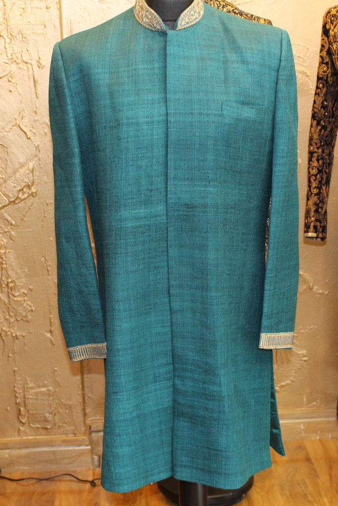 Plain Turquoise Sherwani with Patterned Cuff and Collar