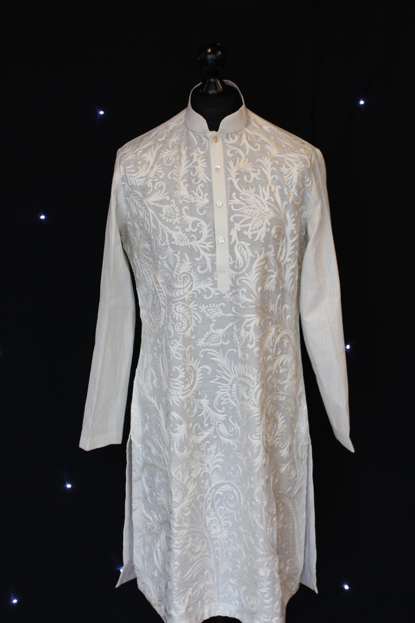 White Pakistani Kurta with Floral Detailing