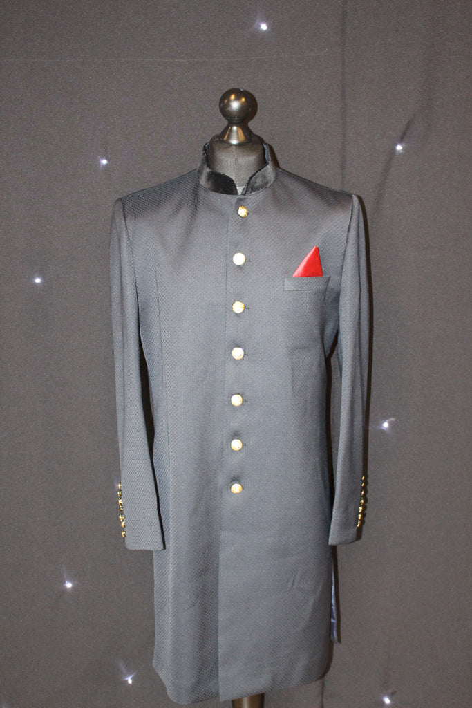Black Sherwani with Gold buttons and Red Pocket Square