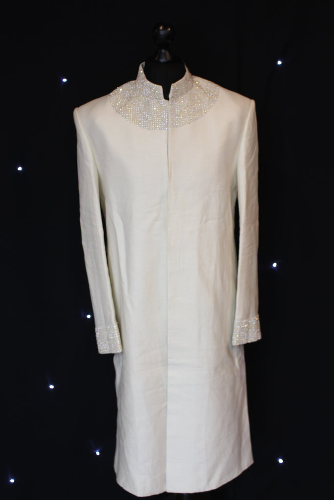 Off White Sherwani with Upper Silver Embroidery
