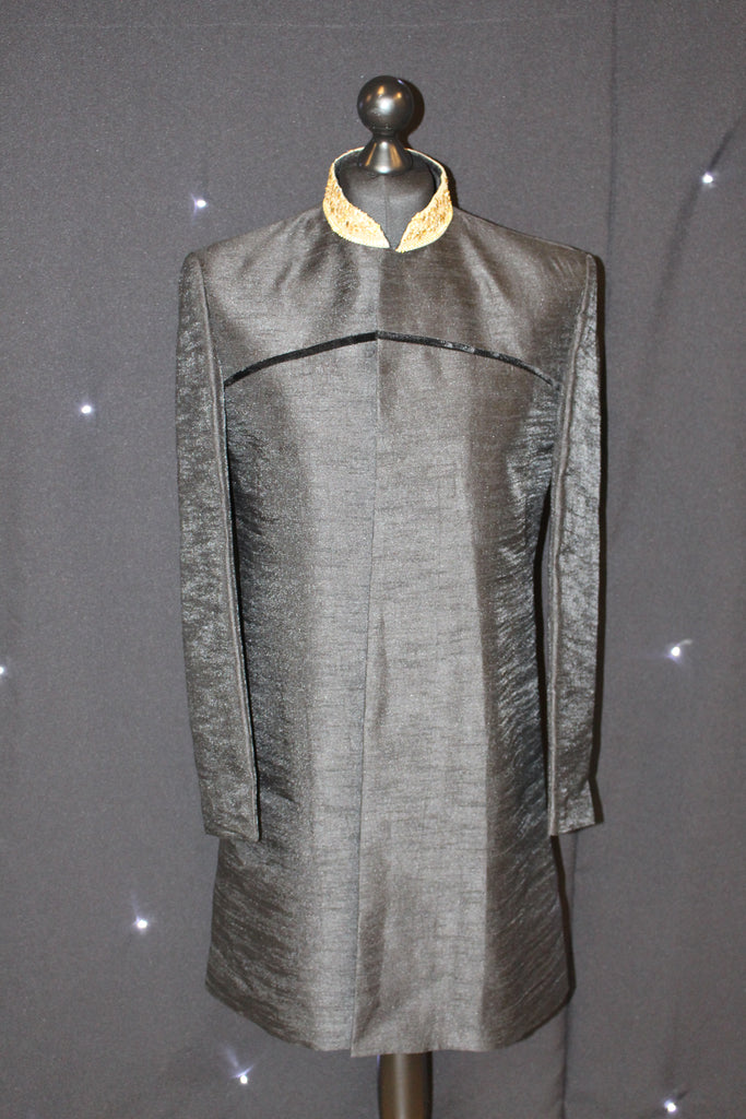 Plain Black Silk Sherwani with Gold Cuff and Collar Embroidery