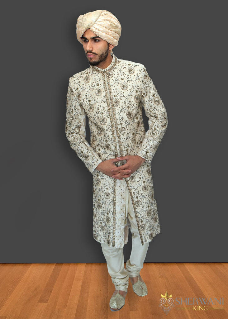 Off-White Sherwani With Green Embroidery