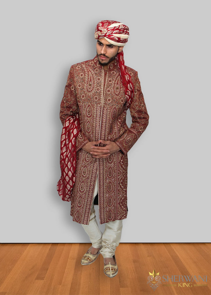 Fully Embroidered Maroon Silk Sherwani