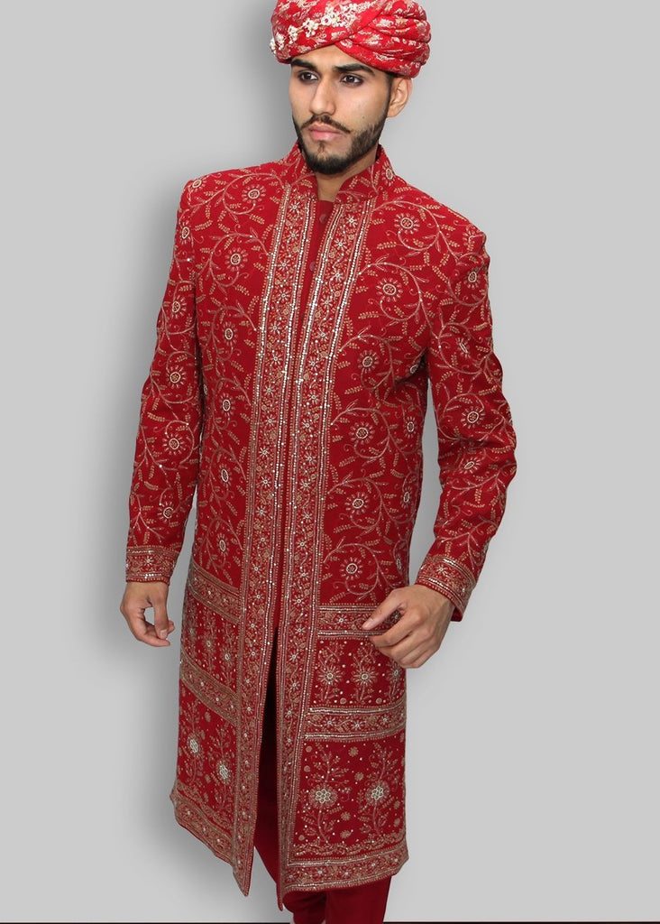 Bright Red Sherwani With Sequin Embroidery