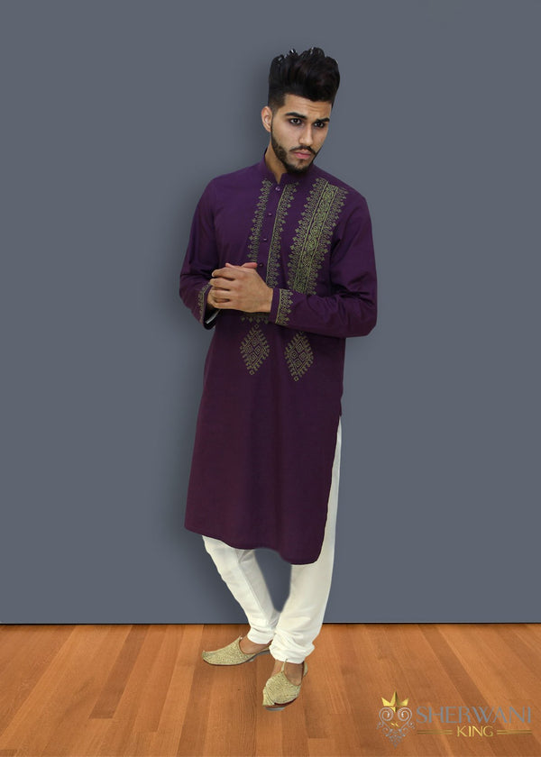 Purple Kurta Chest Pattern Bollywood Indian Mens Suit