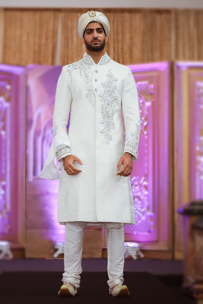 White Sherwani with Silver Vine Crystal Embroidery