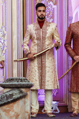 Gold Sherwani with Bronze Vines and Red Chest Piece