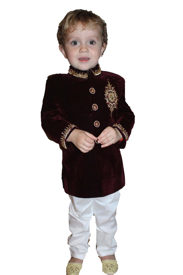 Boys Velvet Sherwani in Maroon Kids Indian Jacket