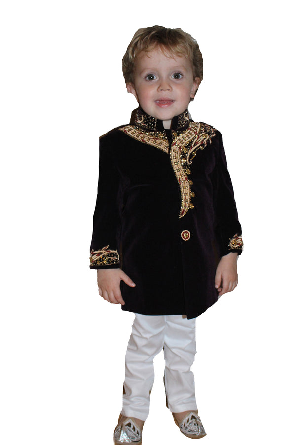 Boys Velvet Sherwani in Plum