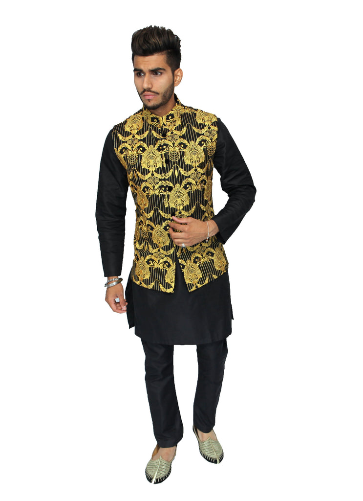 Black and Gold Embroidered Waistcoat with Gold Stripe