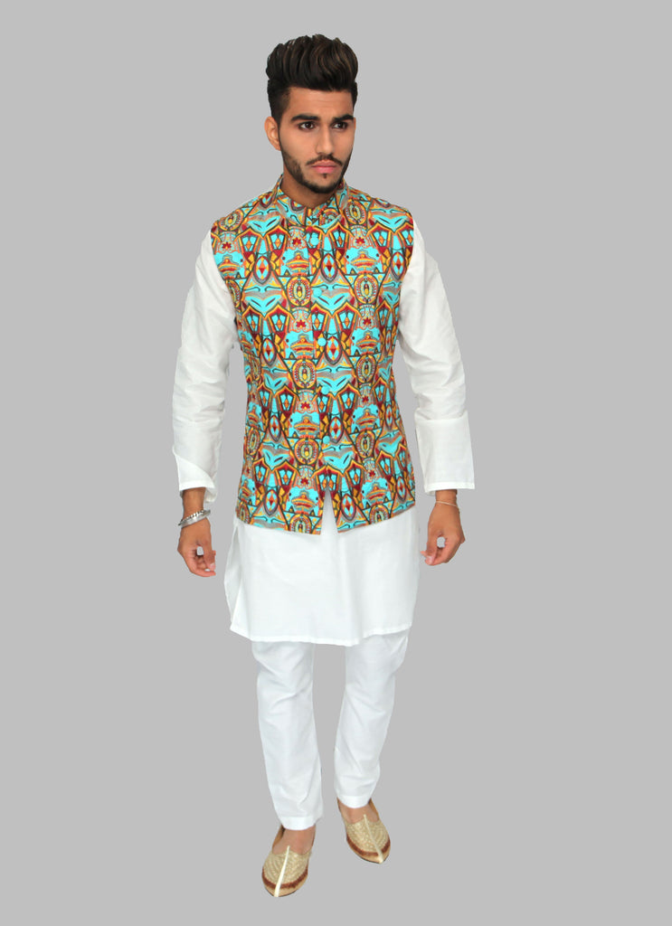 Teal Embroidered Waistcoat with Yellow and Red Embroidery