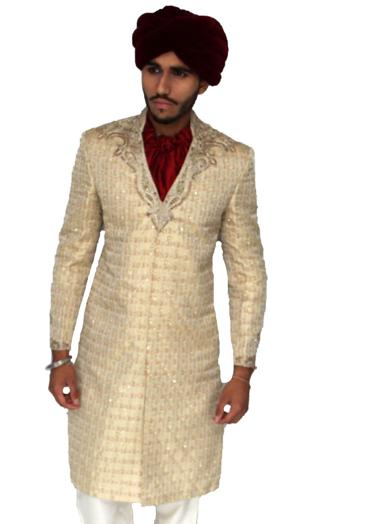 Gold Embroidered Sherwani with Red Cravat