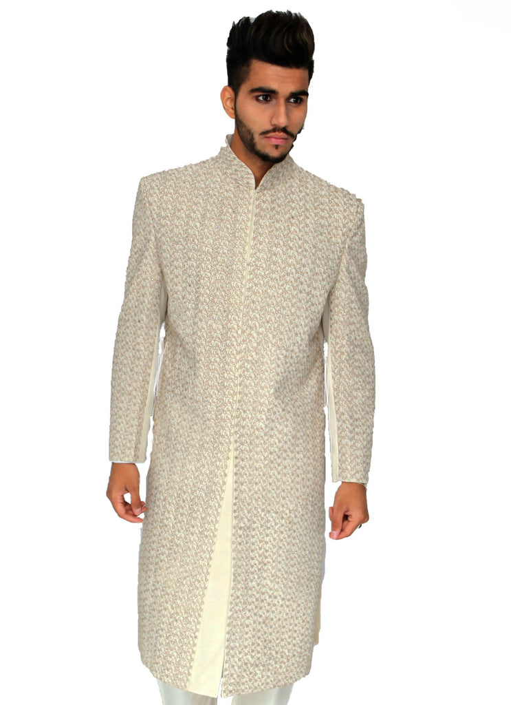Majestic Beige Full Detail Indian Bollywood Sherwani