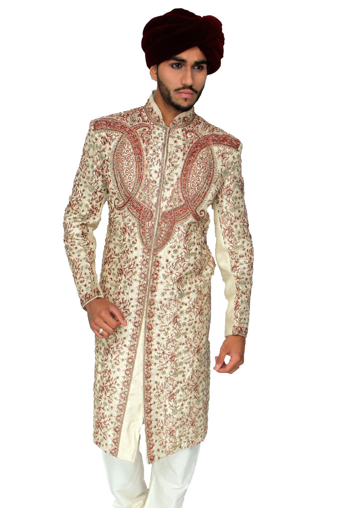 Gold Sherwani with Full Swirl Red Embroidery