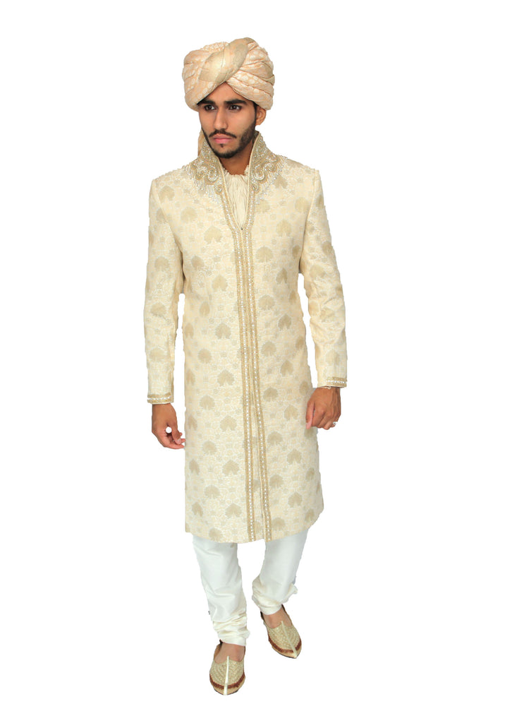 Gold Brocade Silk Sherwani with Light Embroidery