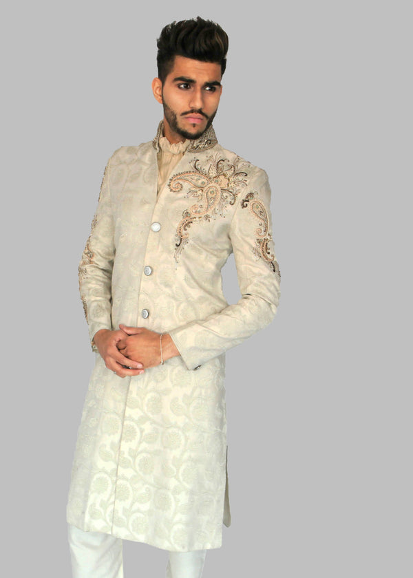 White Brocade Sherwani with Shoulder Embroidery