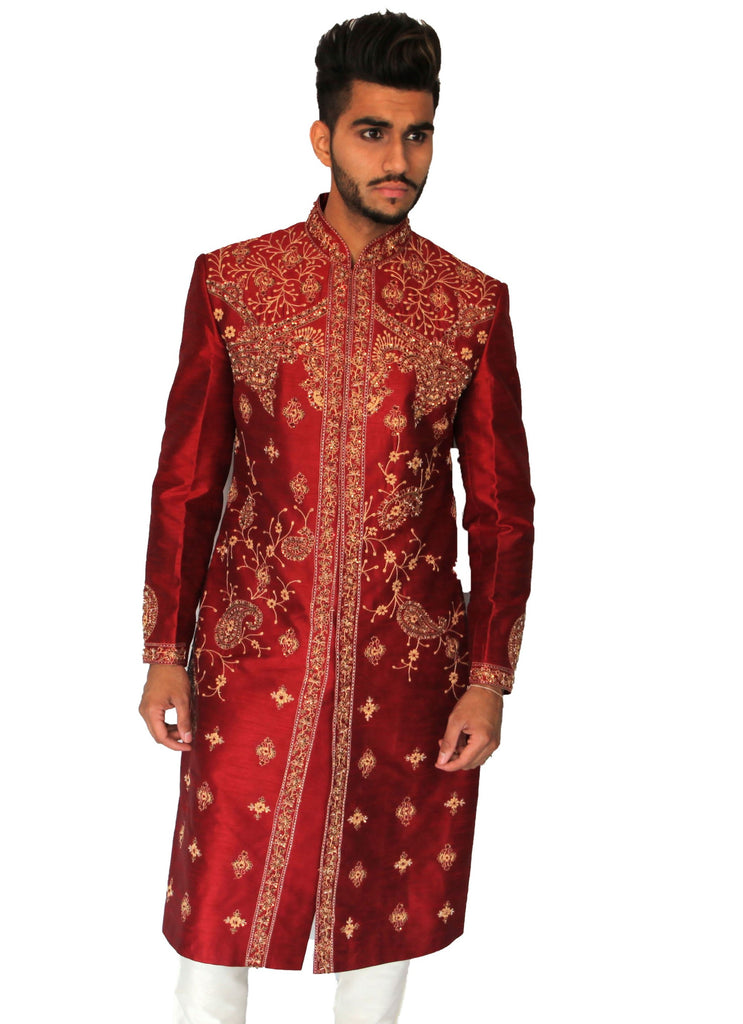 Red Silk Sherwani with Gold threaded Embroidery