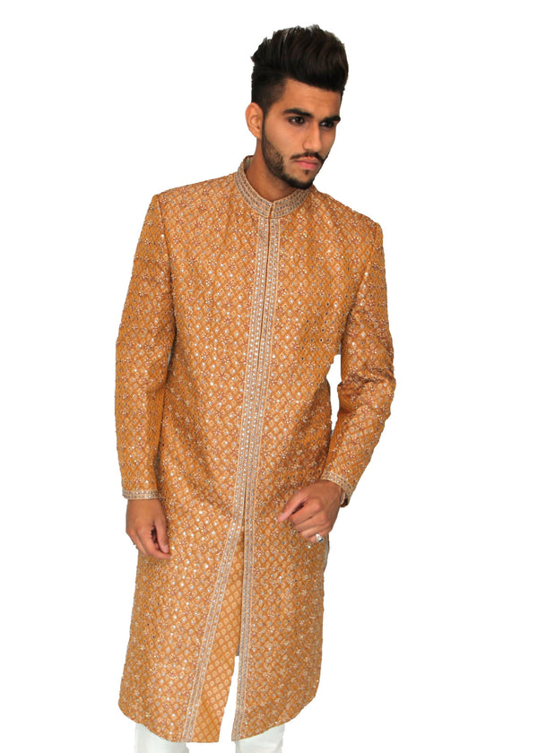 Orange Silk Embroidered Sherwani