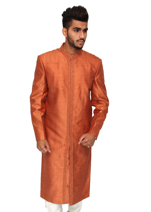 Mocha Dark Neck Embroidered Sherwani