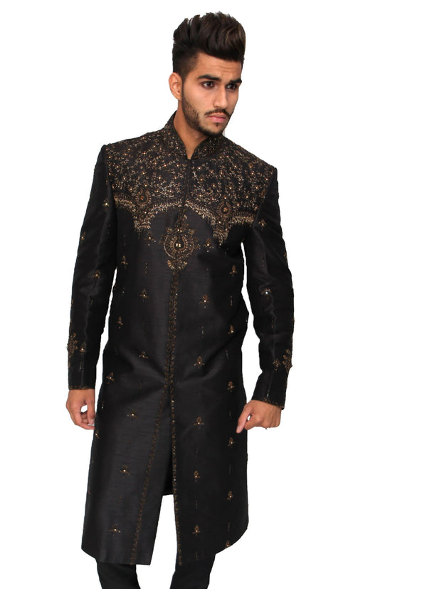 Iridescent Black Sherwani with Gold Embroidery