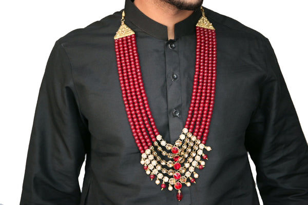 Ruby and Gold Pearl Haar with Gold Gemstone detail Necklace Mala