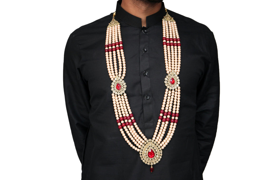 Gold Pearl Haar with Ruby and Gold Gemstones Necklace Mala