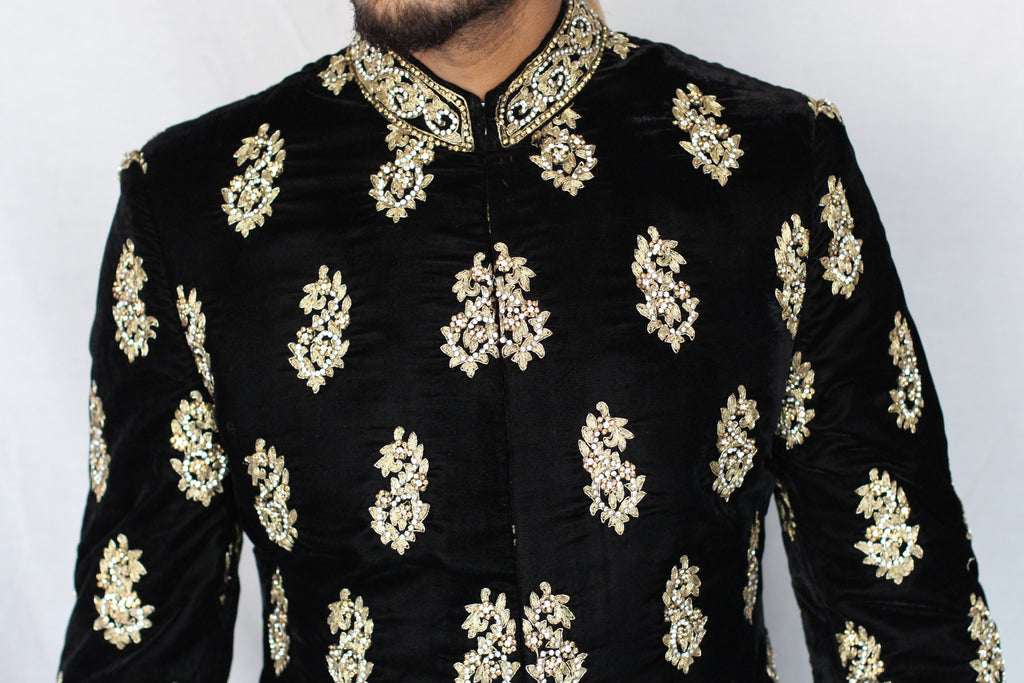 Black Velvet Sherwani With Gold Embroidery and Crystal details