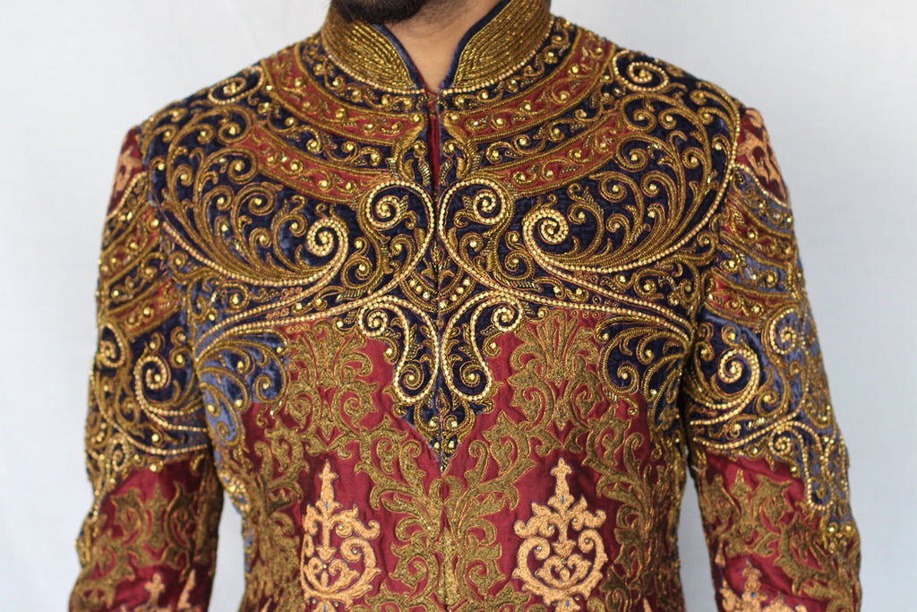 Maroon and Royal Blue Sherwani with Antique Gold Embroidery