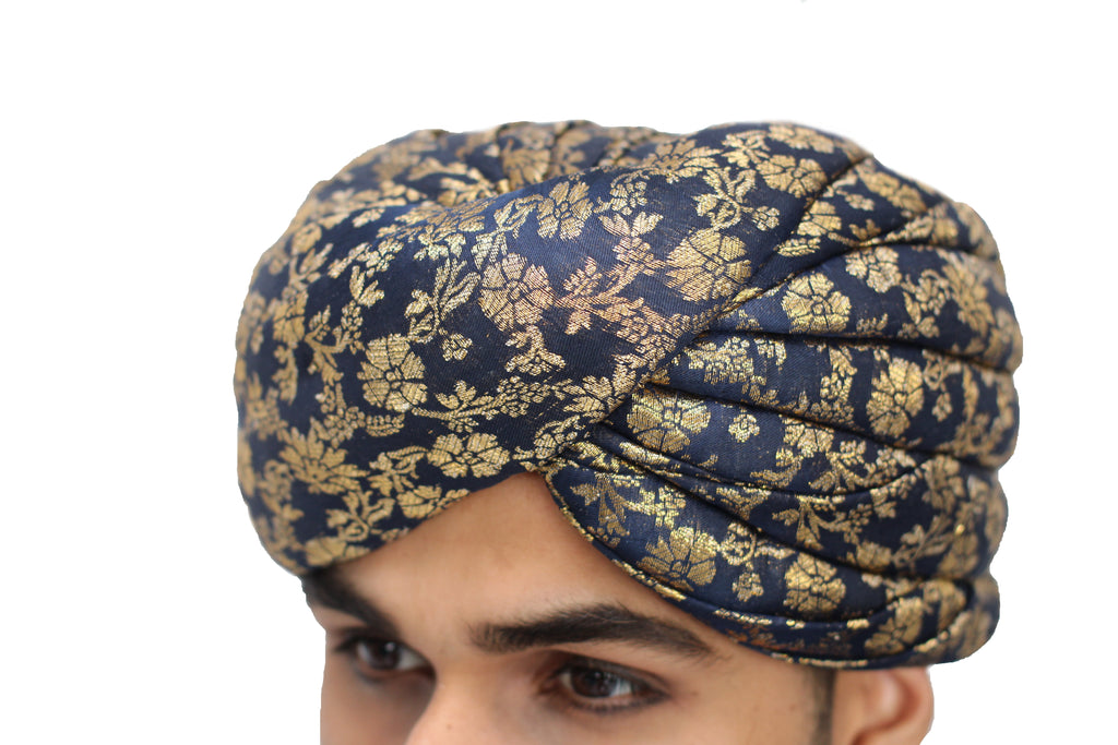 Blue and Gold Brocade Turban Hat with Trail