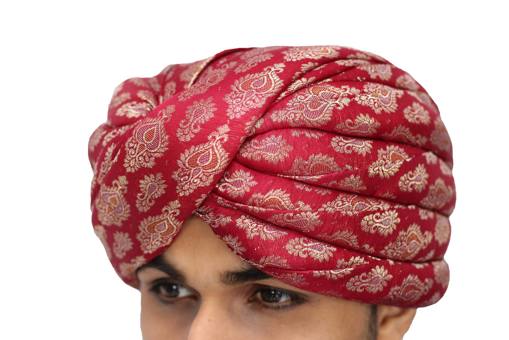 Red and Gold Brocade Turban Hat with Trail