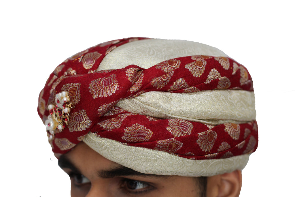 Red Brocade and Ivory Turban Hat with Vine Broach