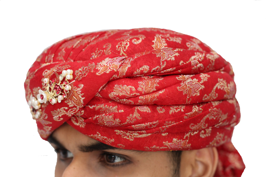 Red and Gold Brocade Turban Hat with Vine Broach