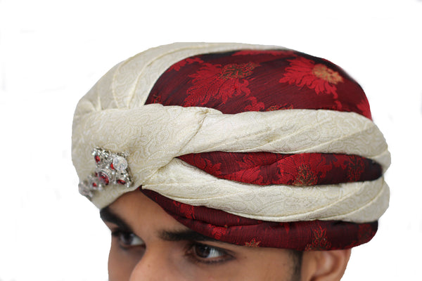 Maroon and Off-White Turban Safa Hat