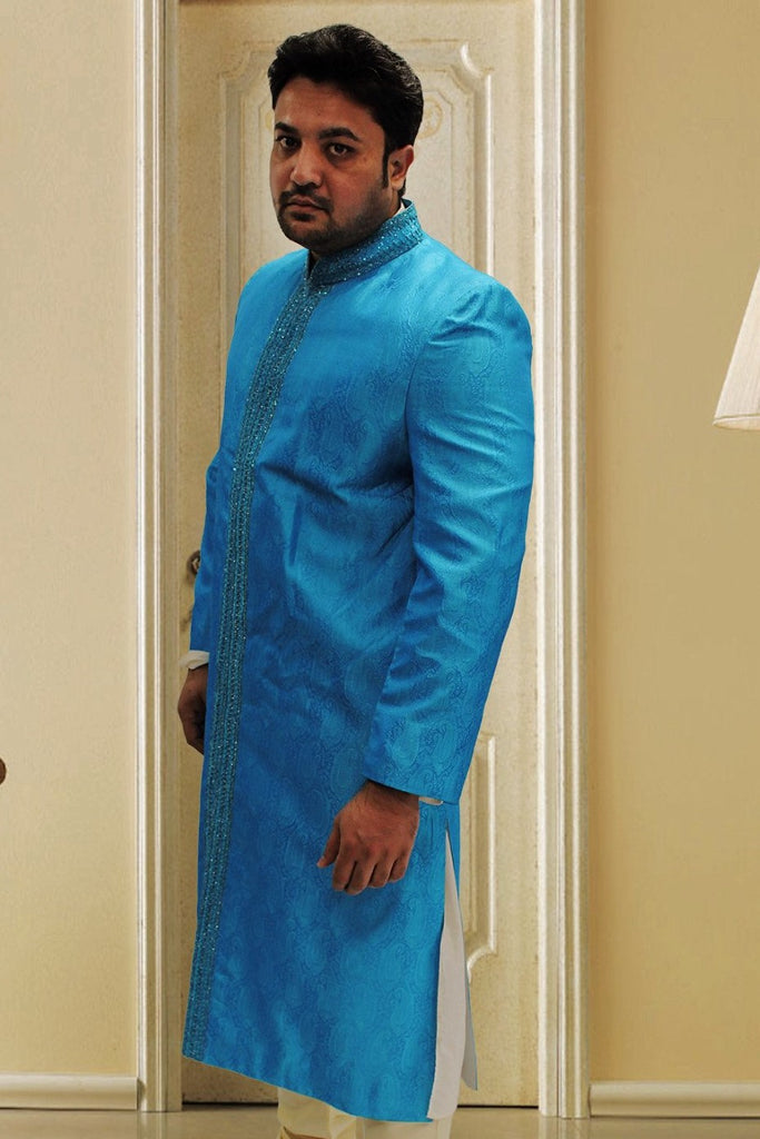 Satin Blue Indian Sherwani with center embroidery