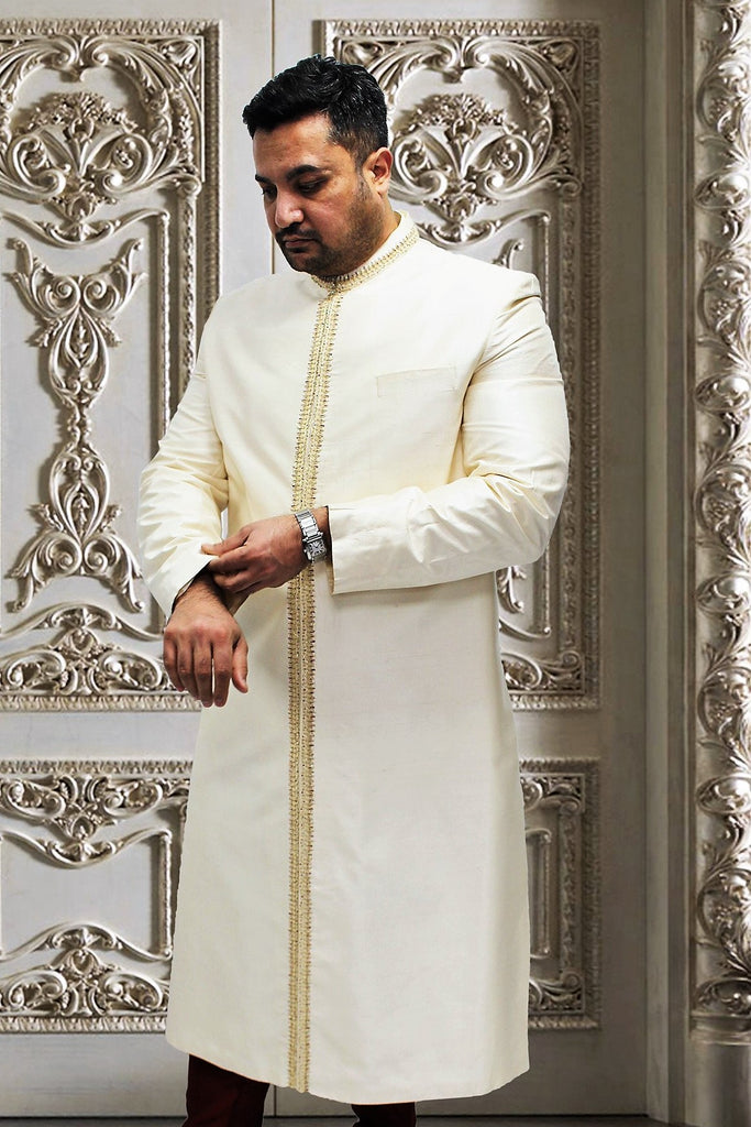 Off-white Indian Sherwani with Gold Work for Men