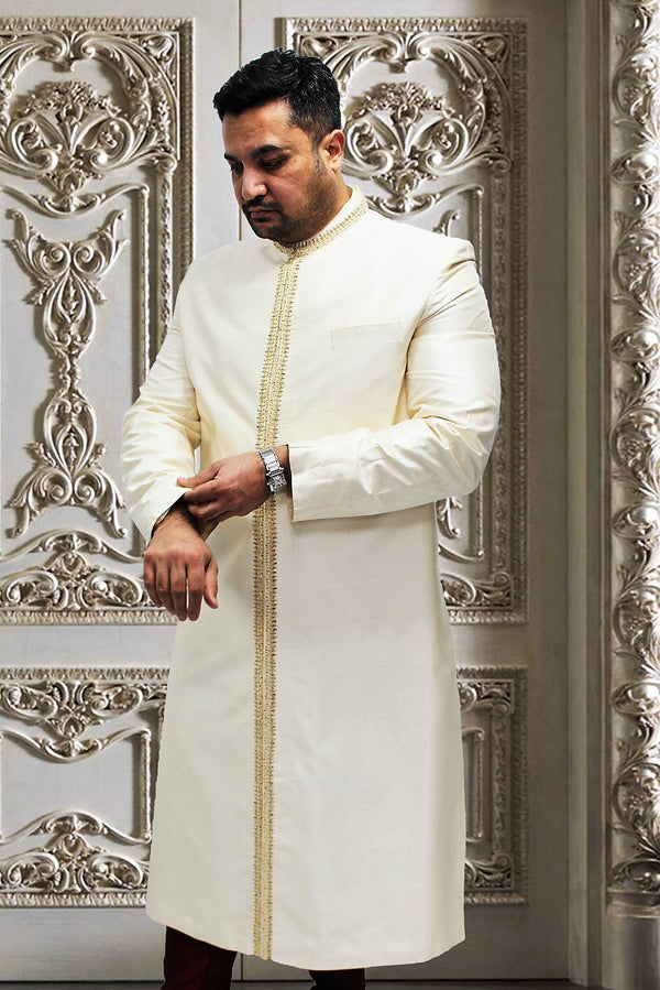 Off-white Indian Sherwani with Gold Work for Men