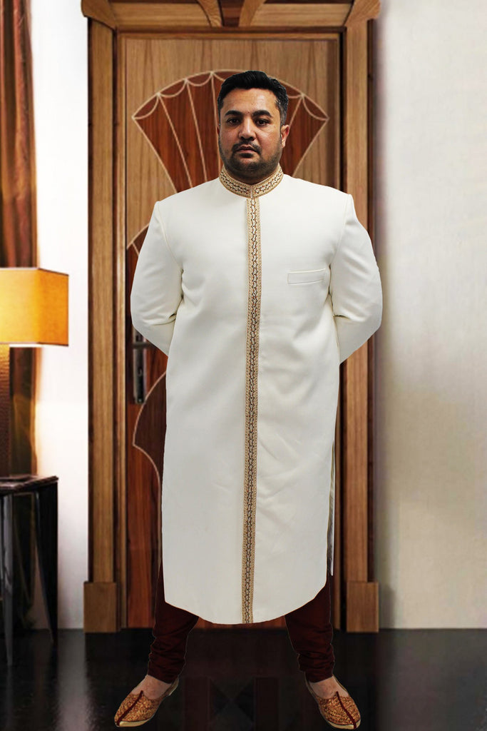 Cream Indian Sherwani with center Embroidery for Men