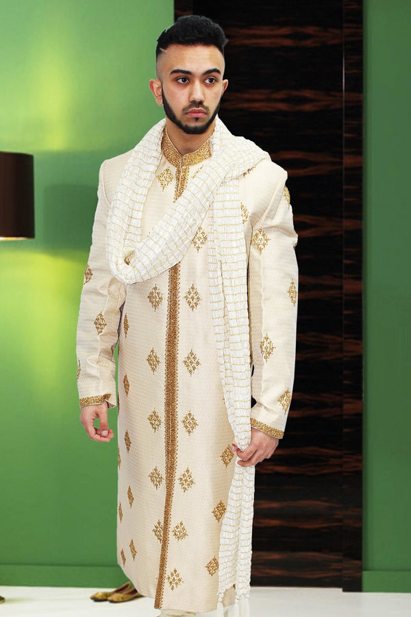 Off-White & Gold Hand Embroidered Zardozi Indian sherwani for Men